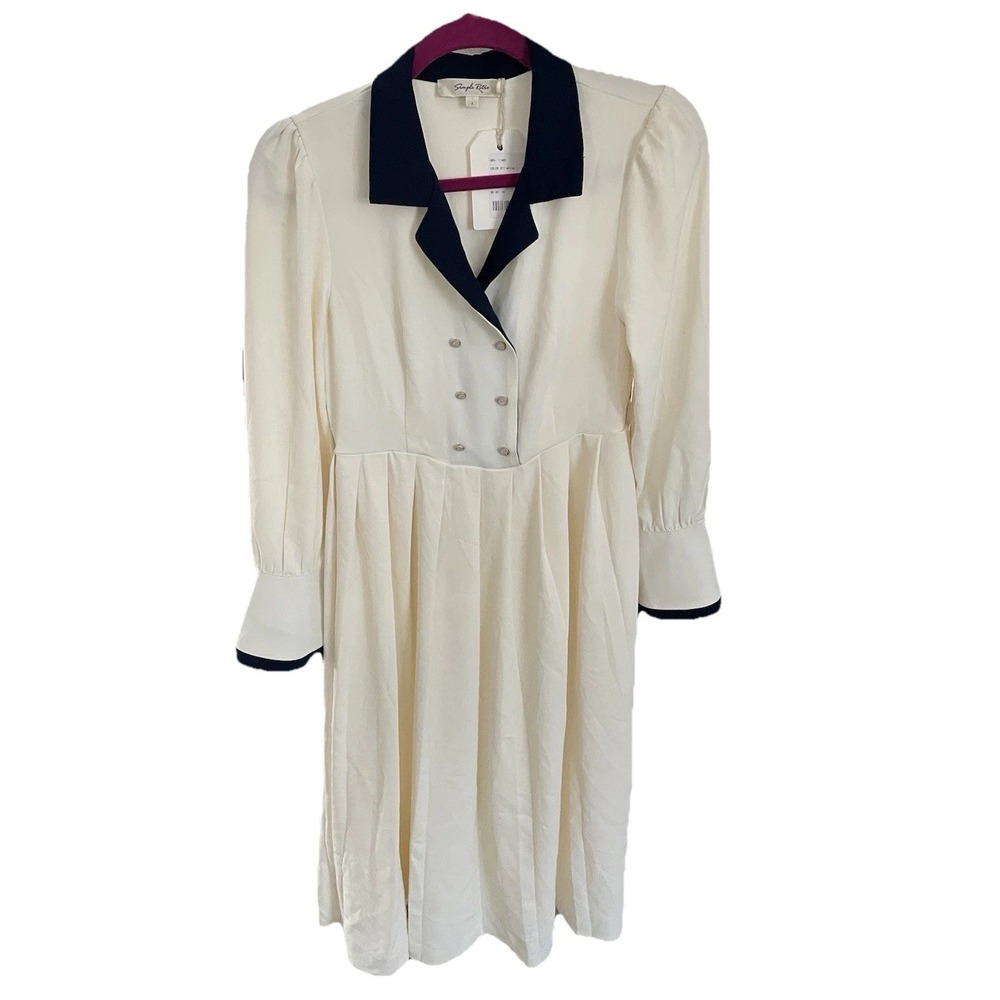 Vintage-Inspired Cream Midi Dress with Navy Trim